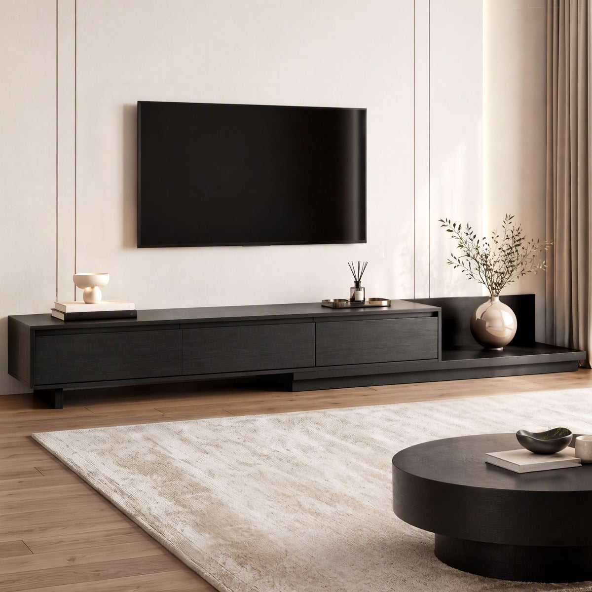 Artiss Extendable TV Unit 200CM 3 Storage Drawers Dark Walnut & Black