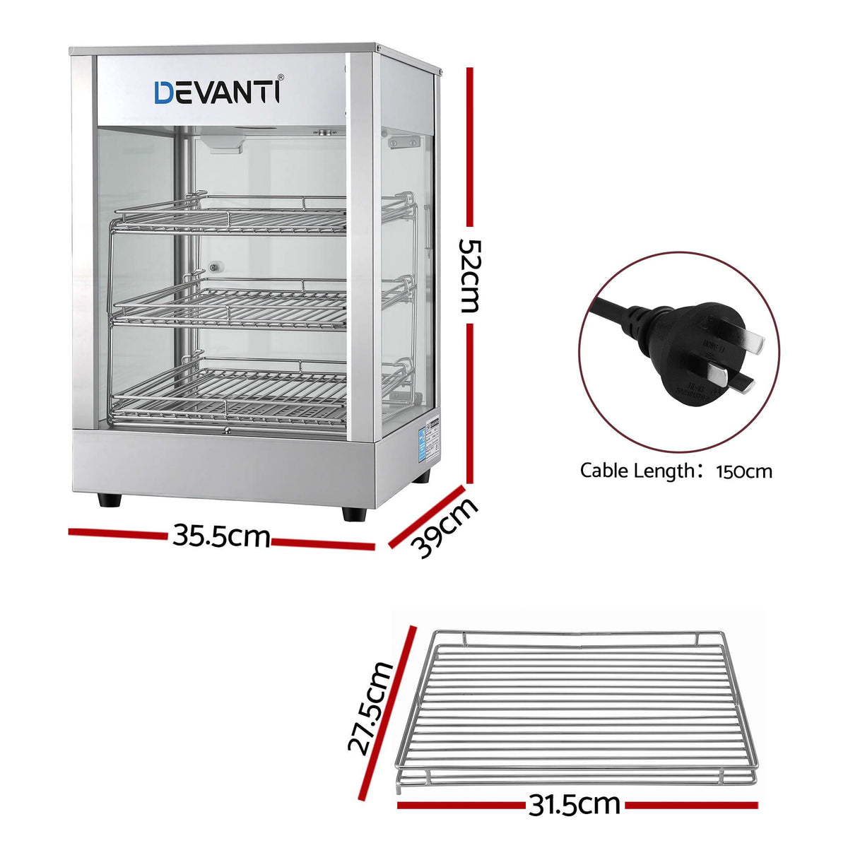 Devanti Commercial Food Warmer 850W 3 Shelf Heated Display Cabinet