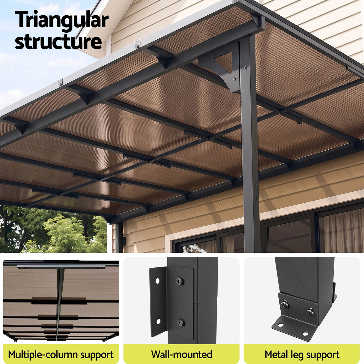 Instahut Gazebo Lean-To Pergola Garden Patio Polycarbonate 356cm X 275cm Brown
