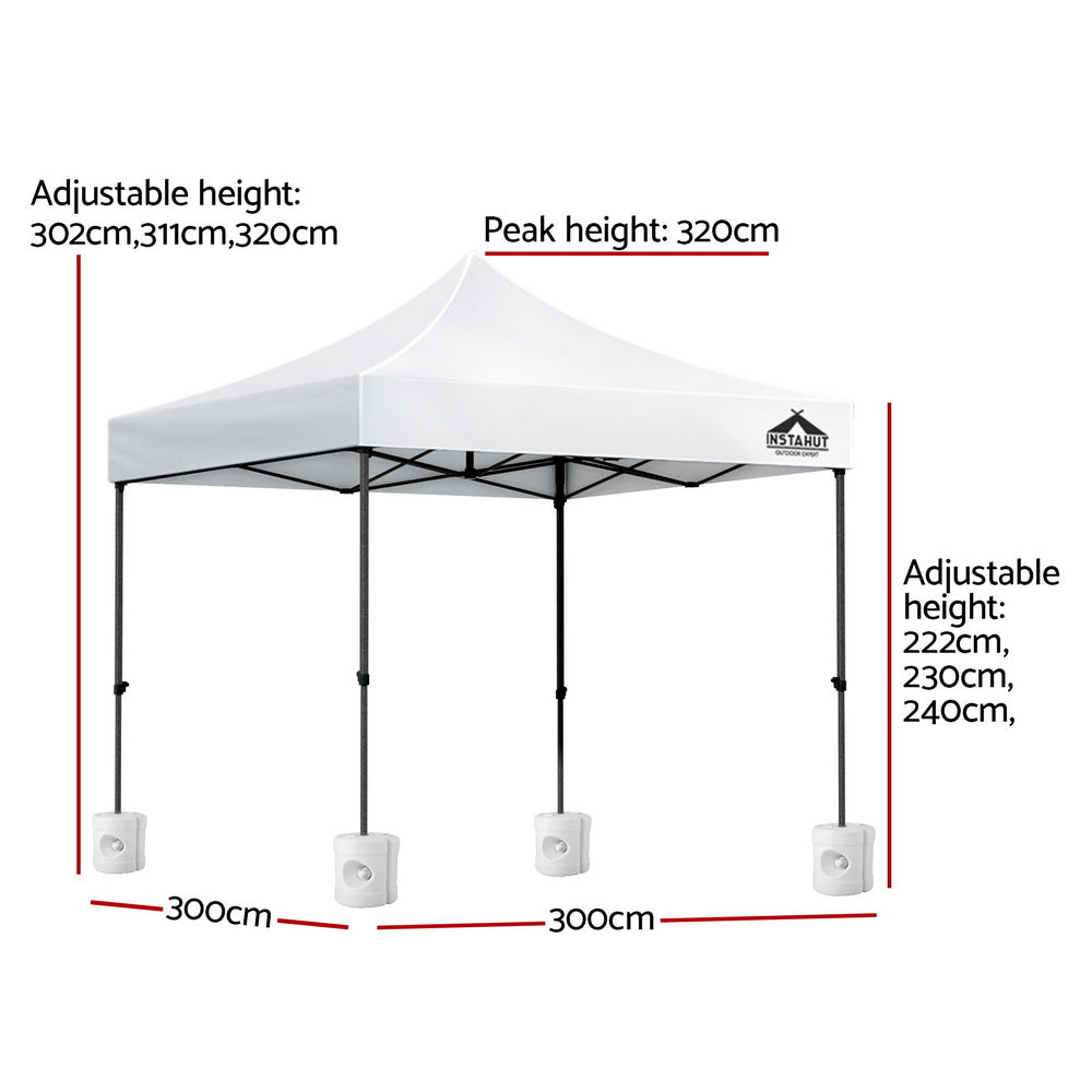 Instahut Gazebo Pop Up 3x3m w/Base Podx4 Marquee Folding Outdoor Wedding Camping Tent Shade Canopy White