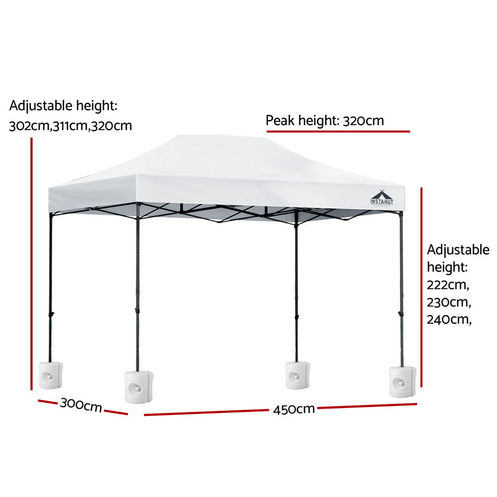 Instahut Gazebo Pop Up 3x4.5m w/Base Podx4 Marquee Folding Outdoor Wedding Camping Tent Shade Canopy White