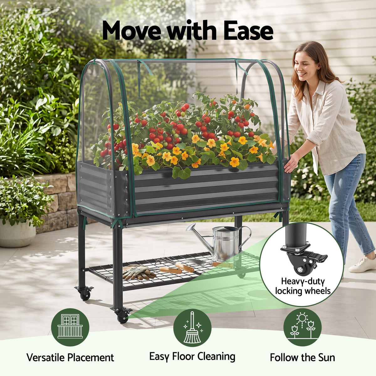 Green Fingers Mobile Raised Garden Bed with Net Cover Storage Shelf for Tomato Vegetables Herb Charcoal