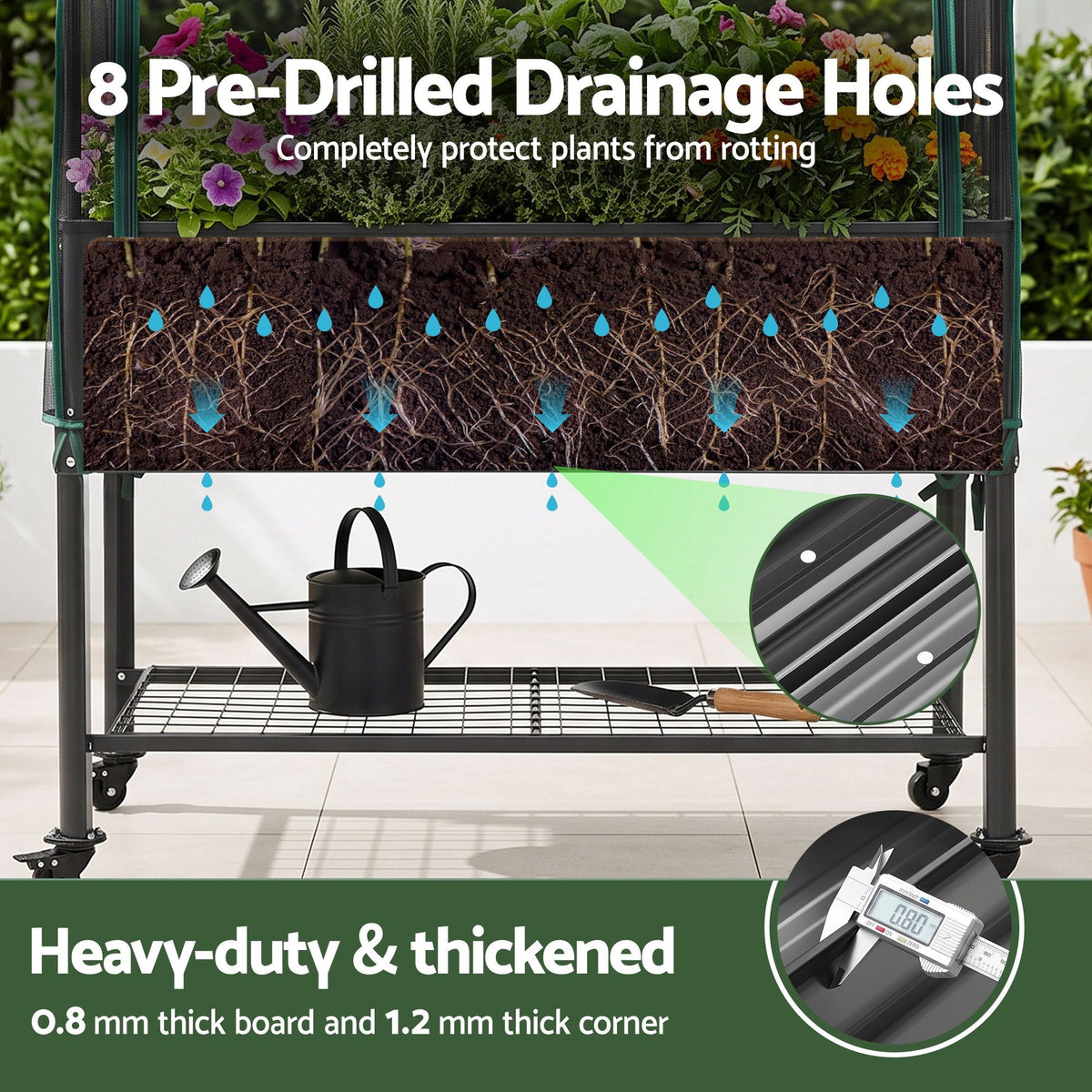 Green Fingers Mobile Raised Garden Bed with Net Cover Storage Shelf for Tomato Vegetables Herb Charcoal