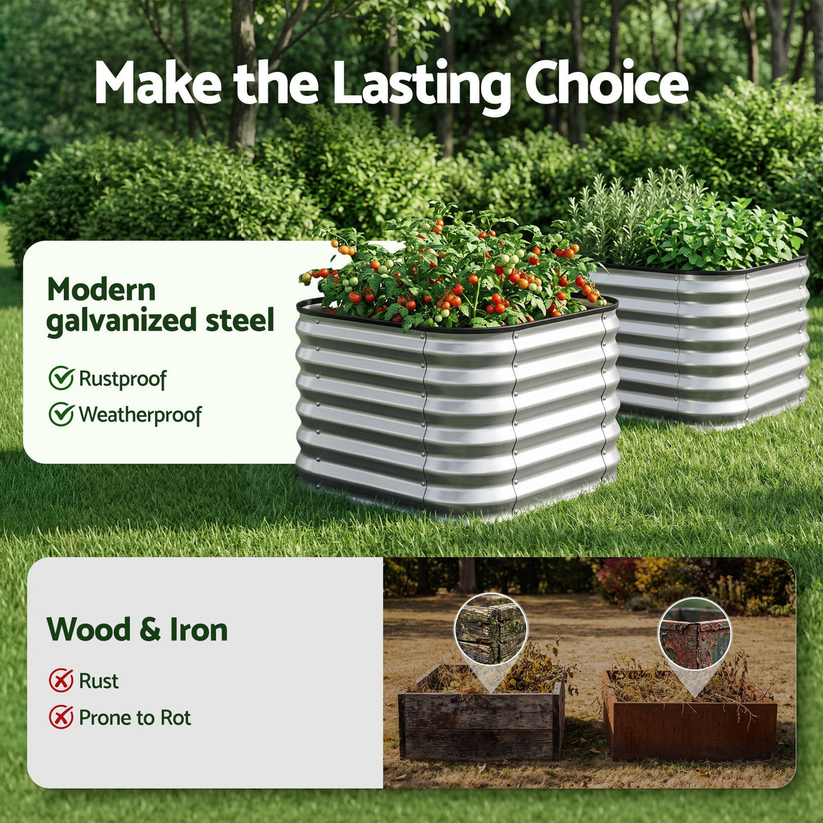 Green Fingers Galvanized Raised Garden Bed 2 Pack Metal Planter 60x60x45cm