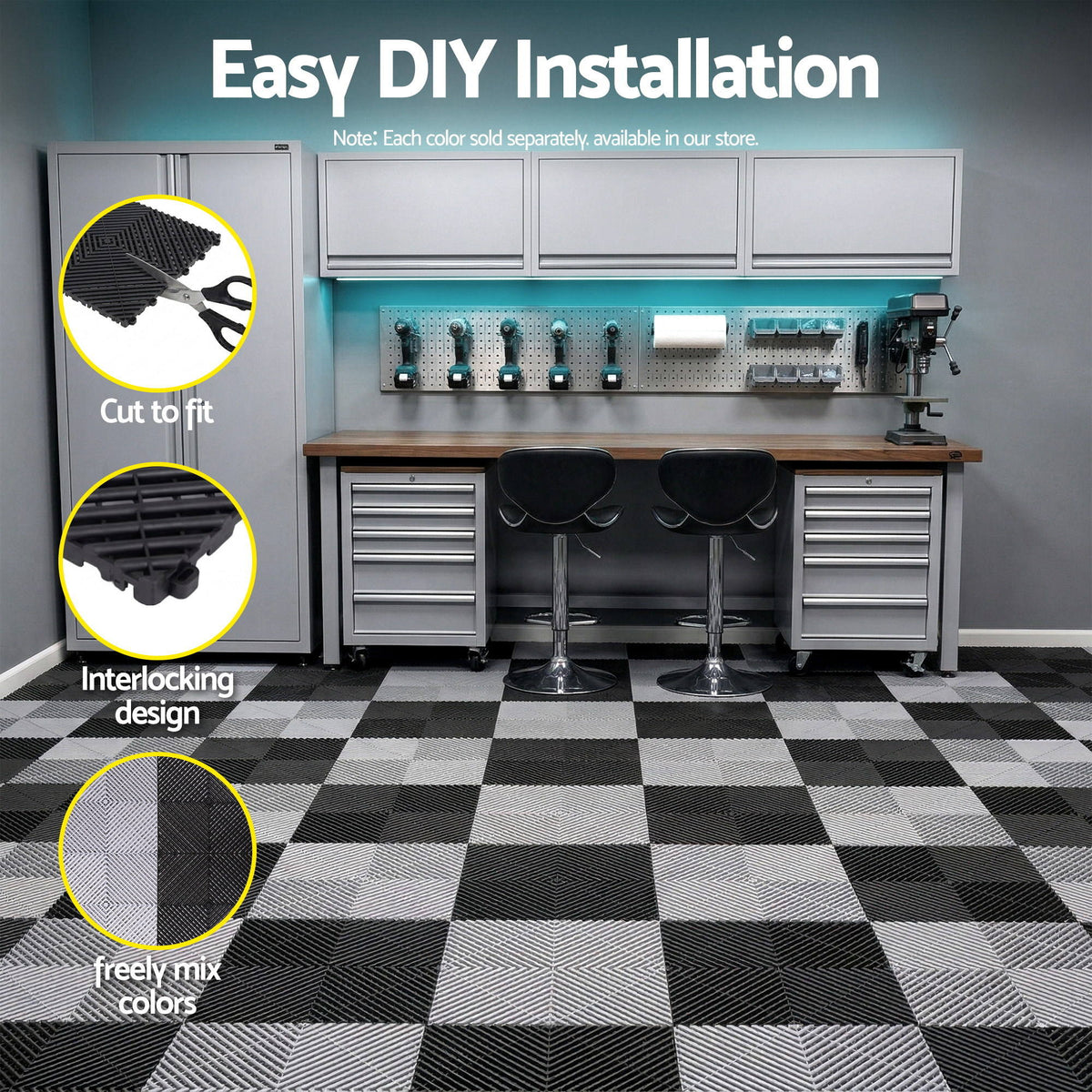 Giantz 20PCS Garage Floor Tiles Interlocking Drainage Non-Slip Tiles Heavy Duty for Workshop Black