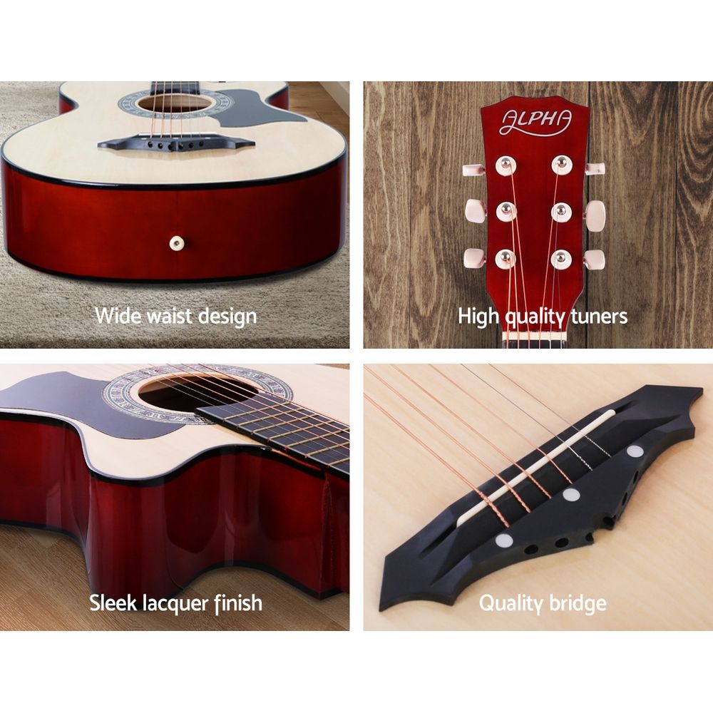 Alpha 38 Inch Acoustic Guitar Wooden Body Steel String Full Size w/ Stand Wood Natural
