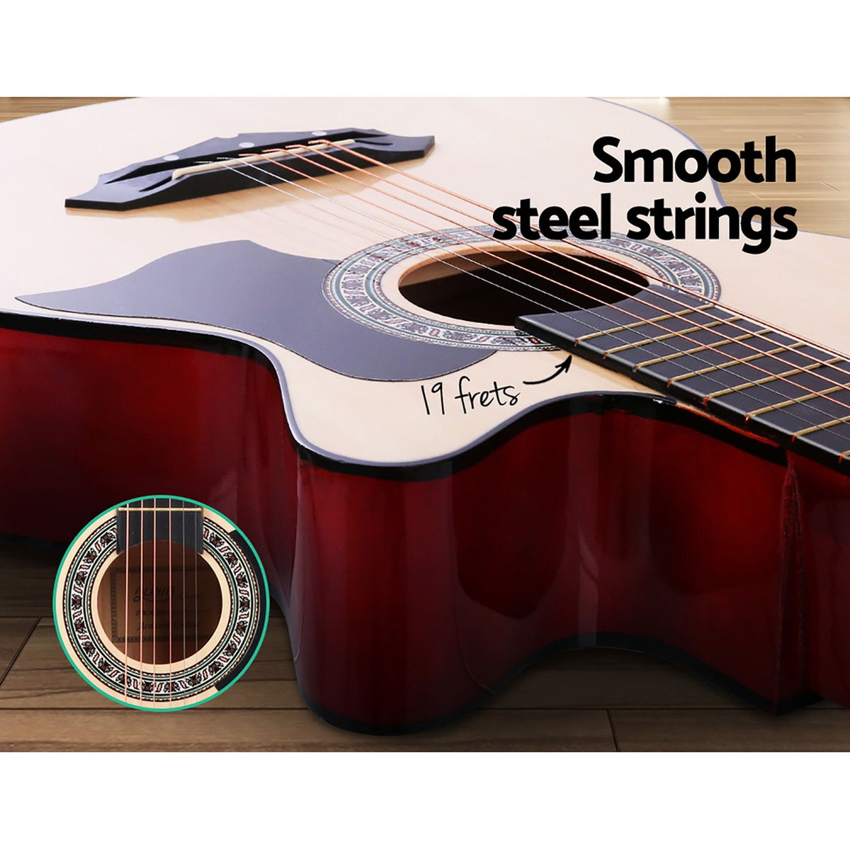Alpha 38 Inch Acoustic Guitar Wooden Body Steel String Full Size w/ Stand Wood Natural