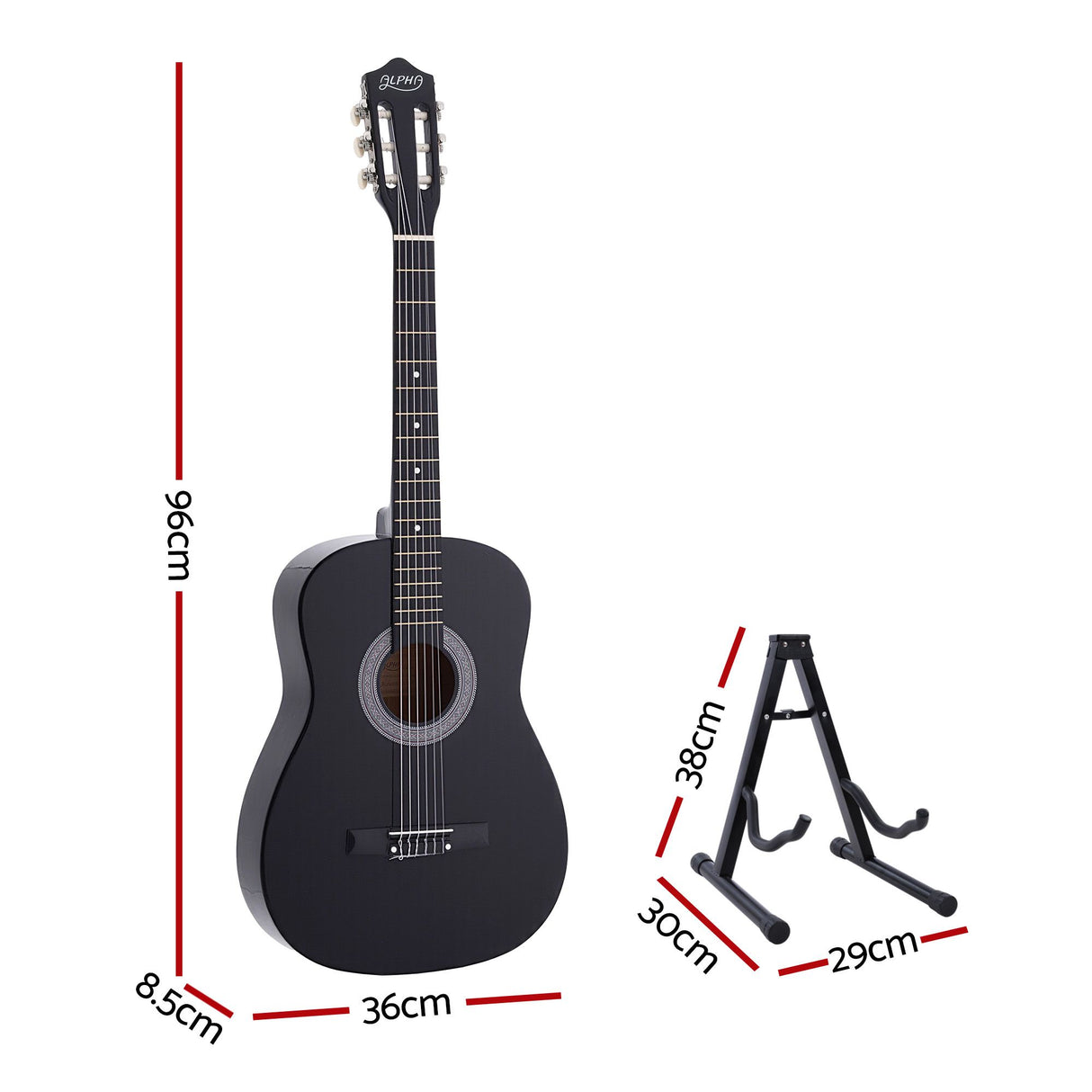 Alpha 38 Inch Classical Acoustic Guitar with Folding Stand Capo and String Set Black