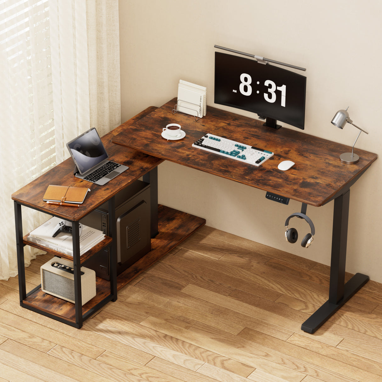 Artiss Electric Standing Desk Adjustable Motorised 120CM L Shaped Rustic Brown