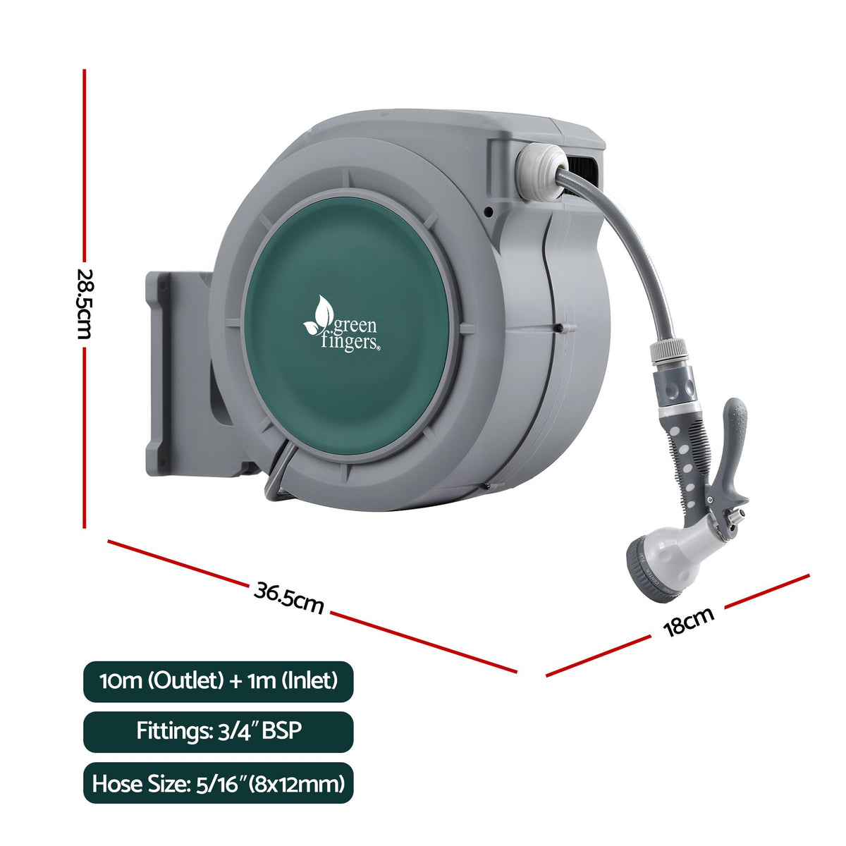 Green Fingers 10m Retractable Water Hose Reel, Wall Mounted Garden Hose 9-Pattern Nozzle
