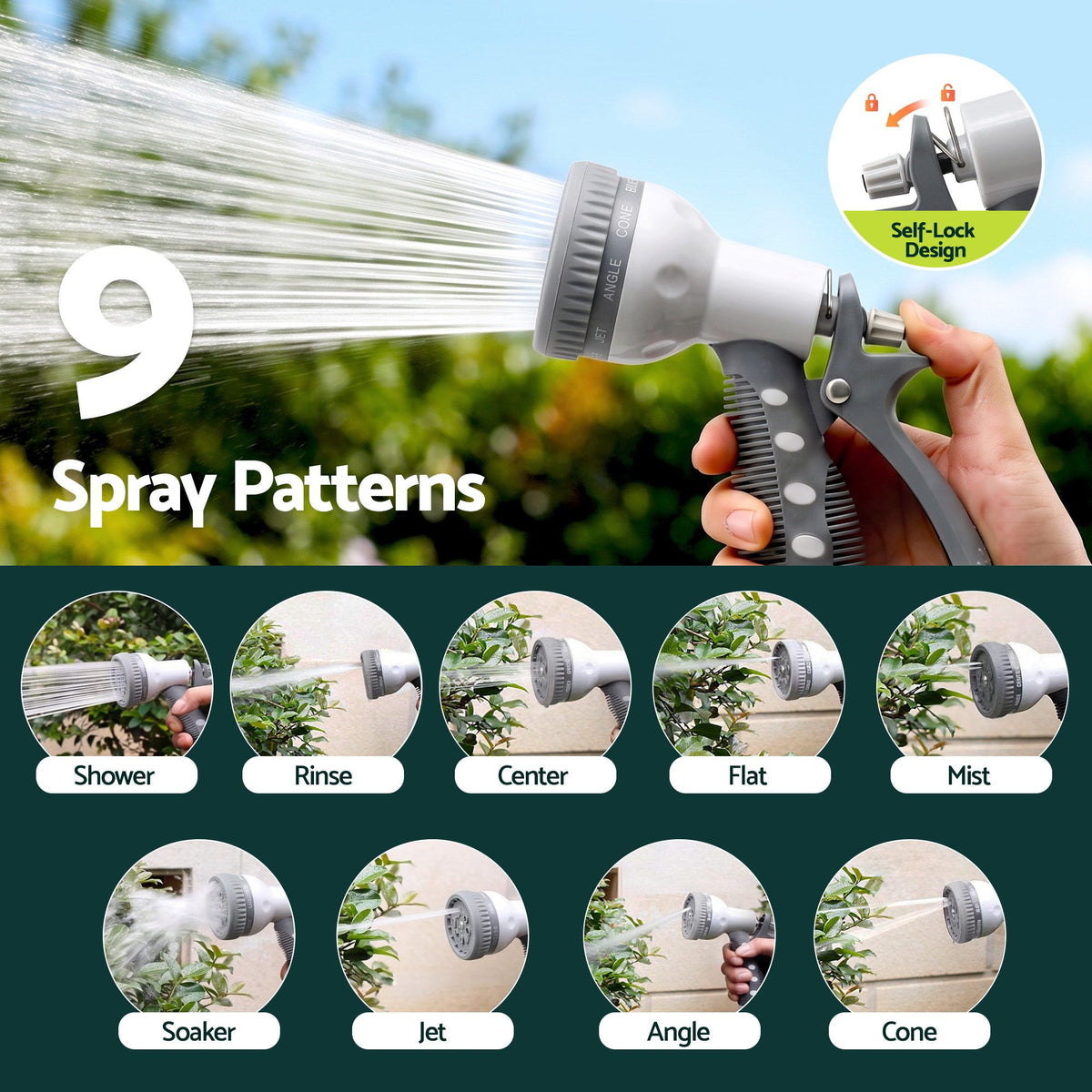 Green Fingers 10m Retractable Water Hose Reel, Wall Mounted Garden Hose 9-Pattern Nozzle