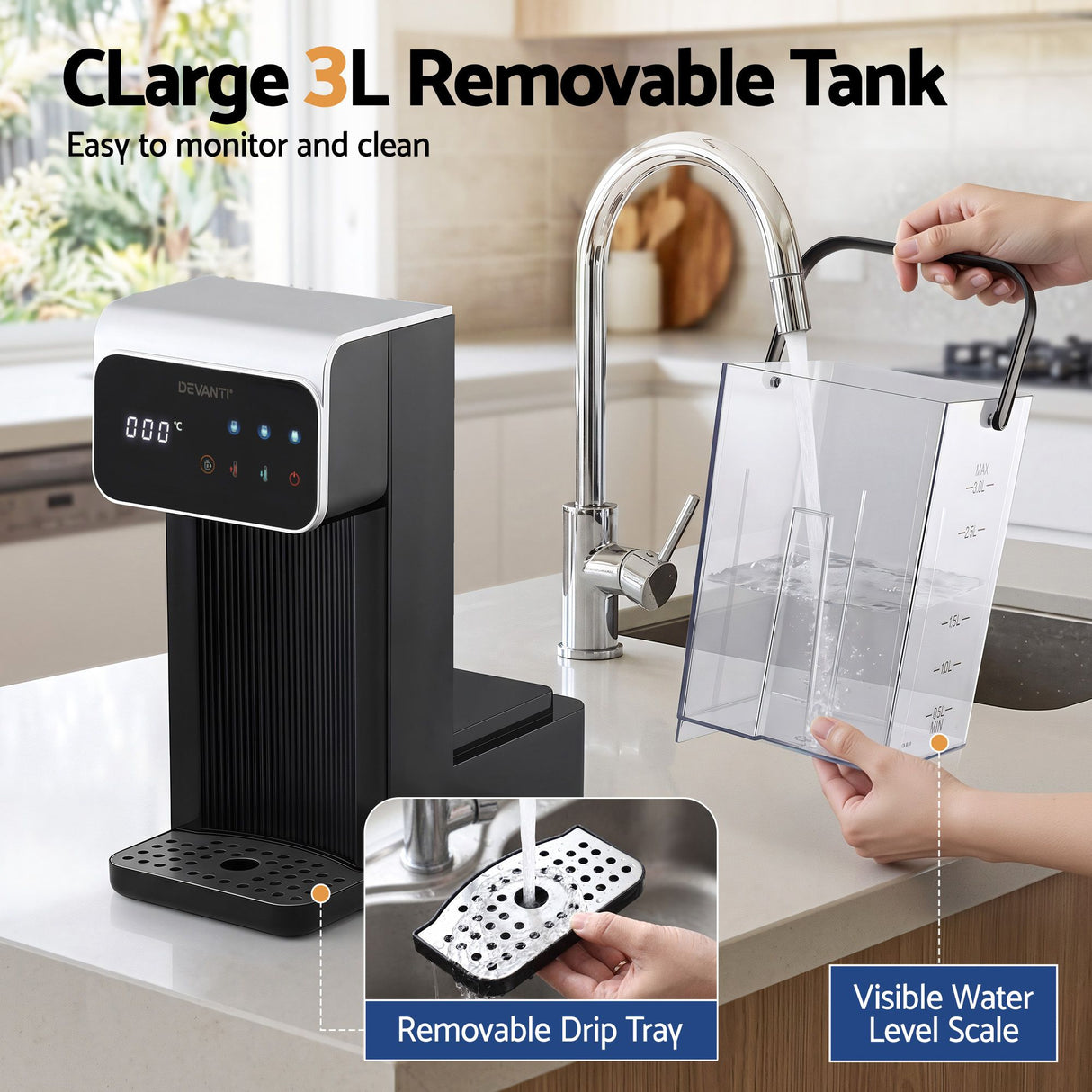 Devanti Instant Hot Water Dispenser 3L Heating Kettle 2400W Touch Control Water Black