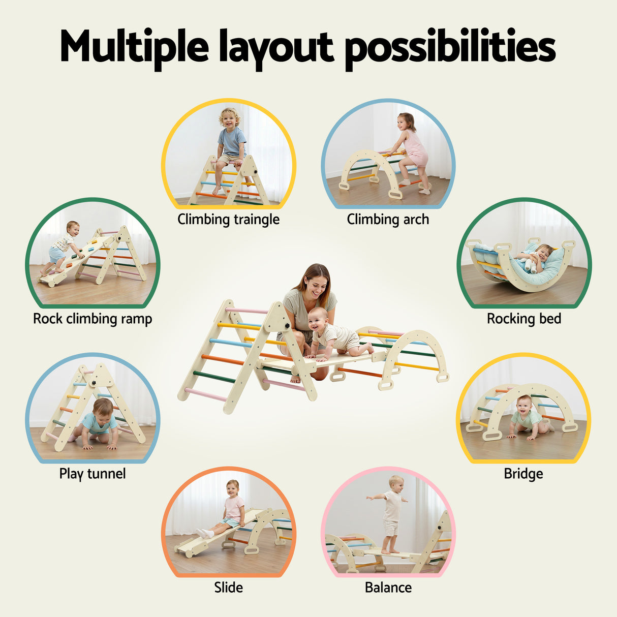 Keezi Kids Triangle Climbing Toys Set With Slide Indoor Outdoor Toddler Toys Pikler Climber With Arch