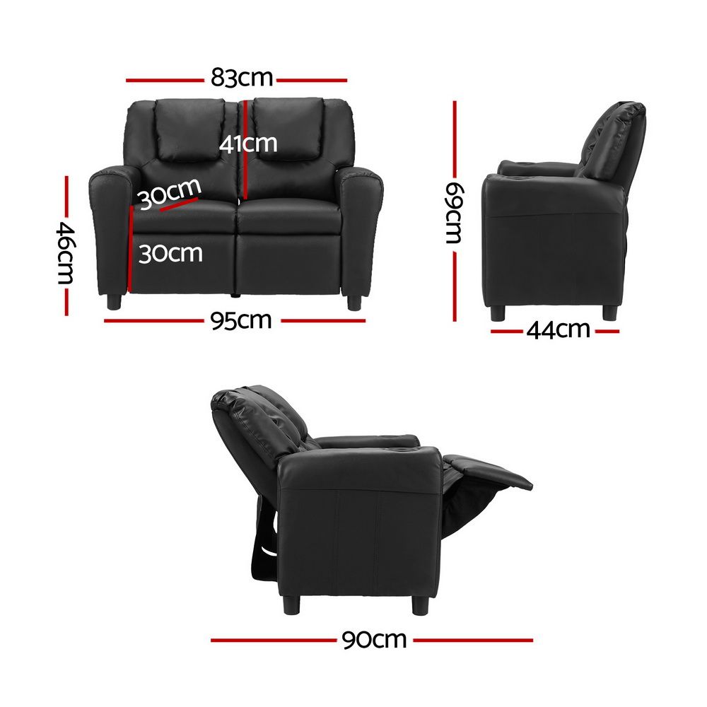 Keezi Kids Recliner Chair 2 Seats PU Leather Sofa Lounge Couch Armchair Black