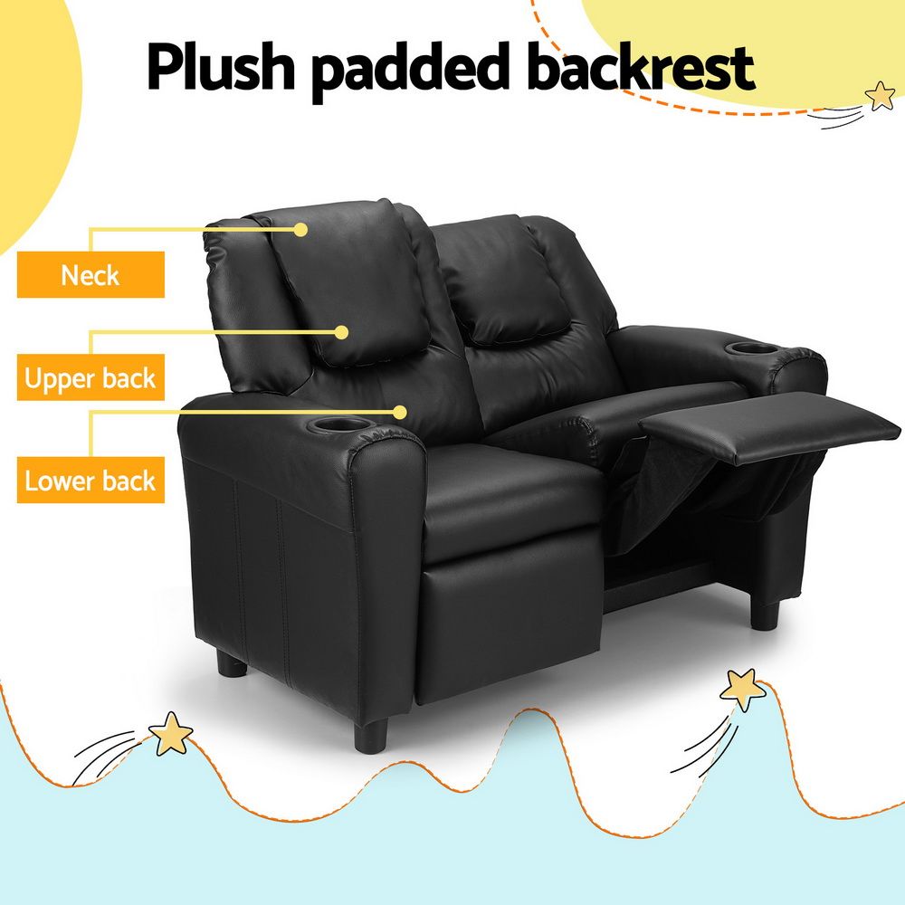 Keezi Kids Recliner Chair 2 Seats PU Leather Sofa Lounge Couch Armchair Black