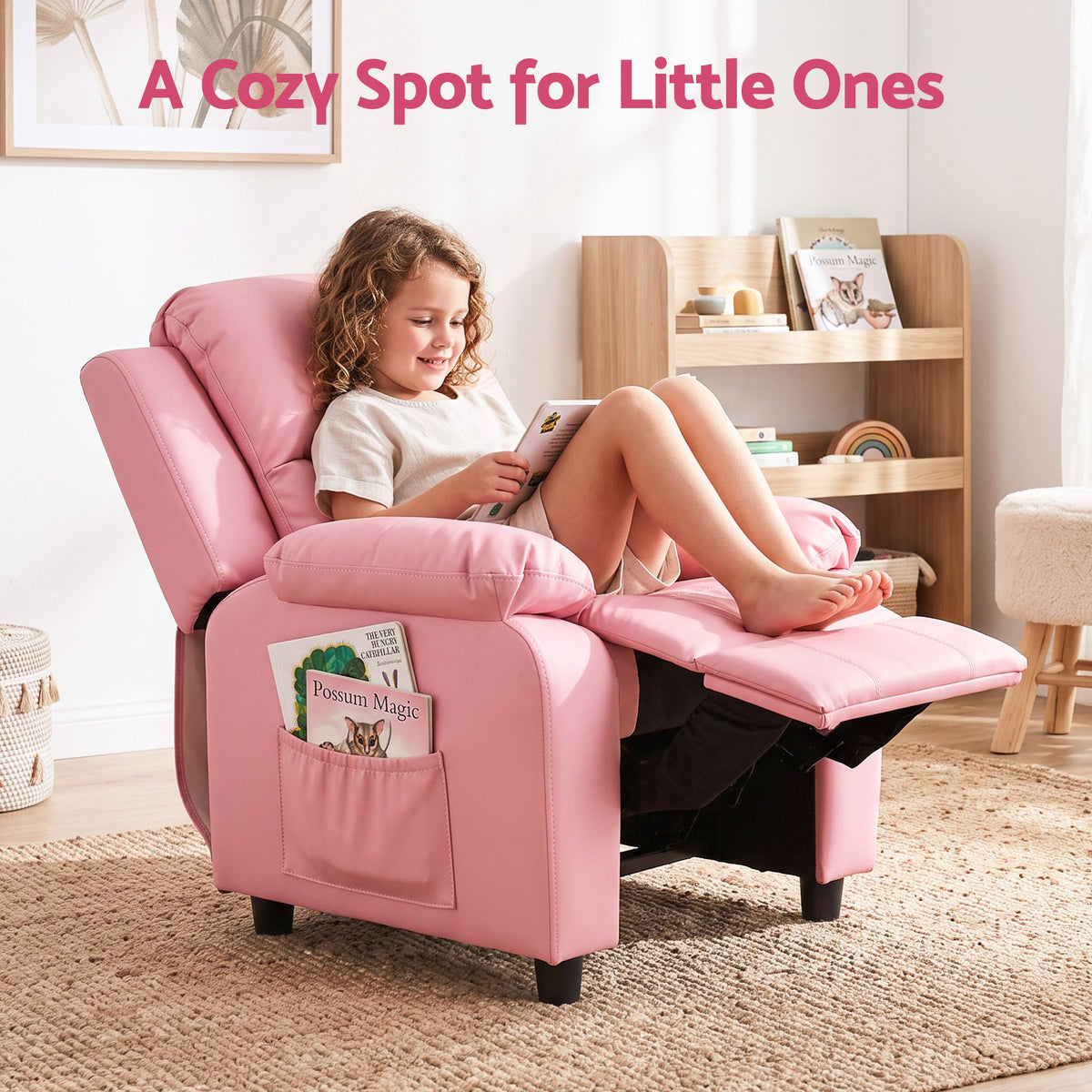 Keezi Kids Recliner Chair PU Leather Toddler Lounge Adjustable Backrest w/ Armrest Storage & 2 Side Pockets Pink