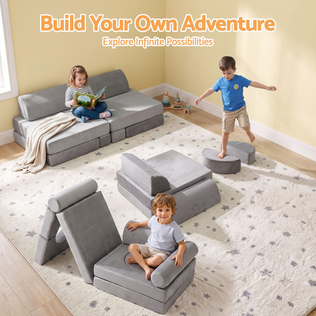 Keezi 12PCS Modular Kids Play Couch Foam Sofa Set with Removable Washable Cover Grey Playroom