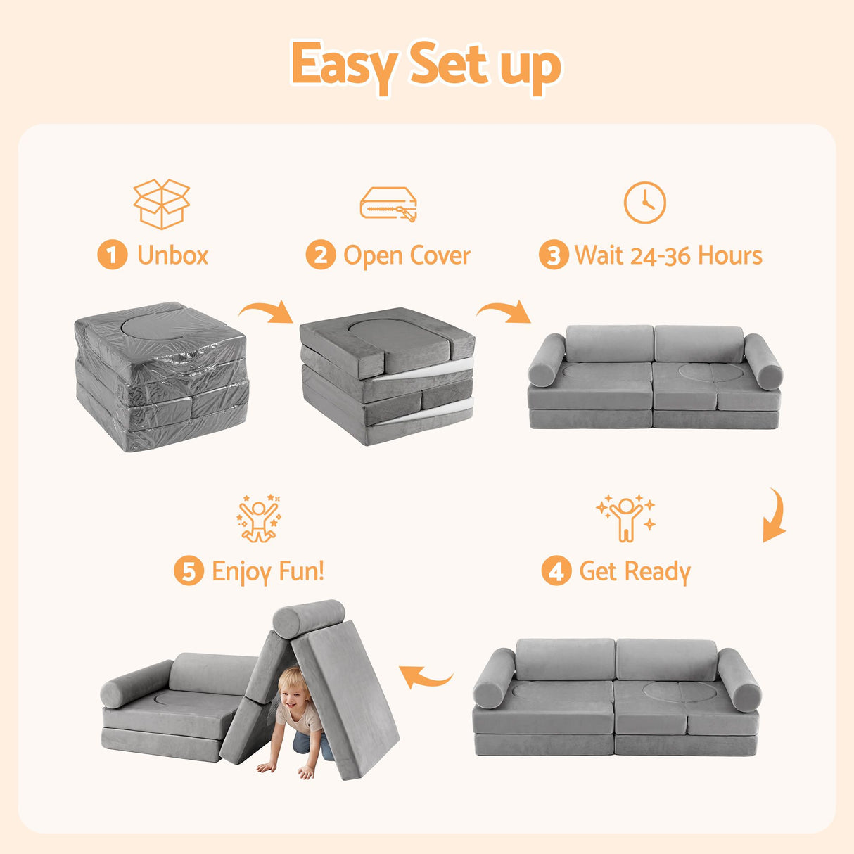Keezi 12PCS Modular Kids Sofa Play Couch Foam Set with Removable Washable Cover Grey Playroom