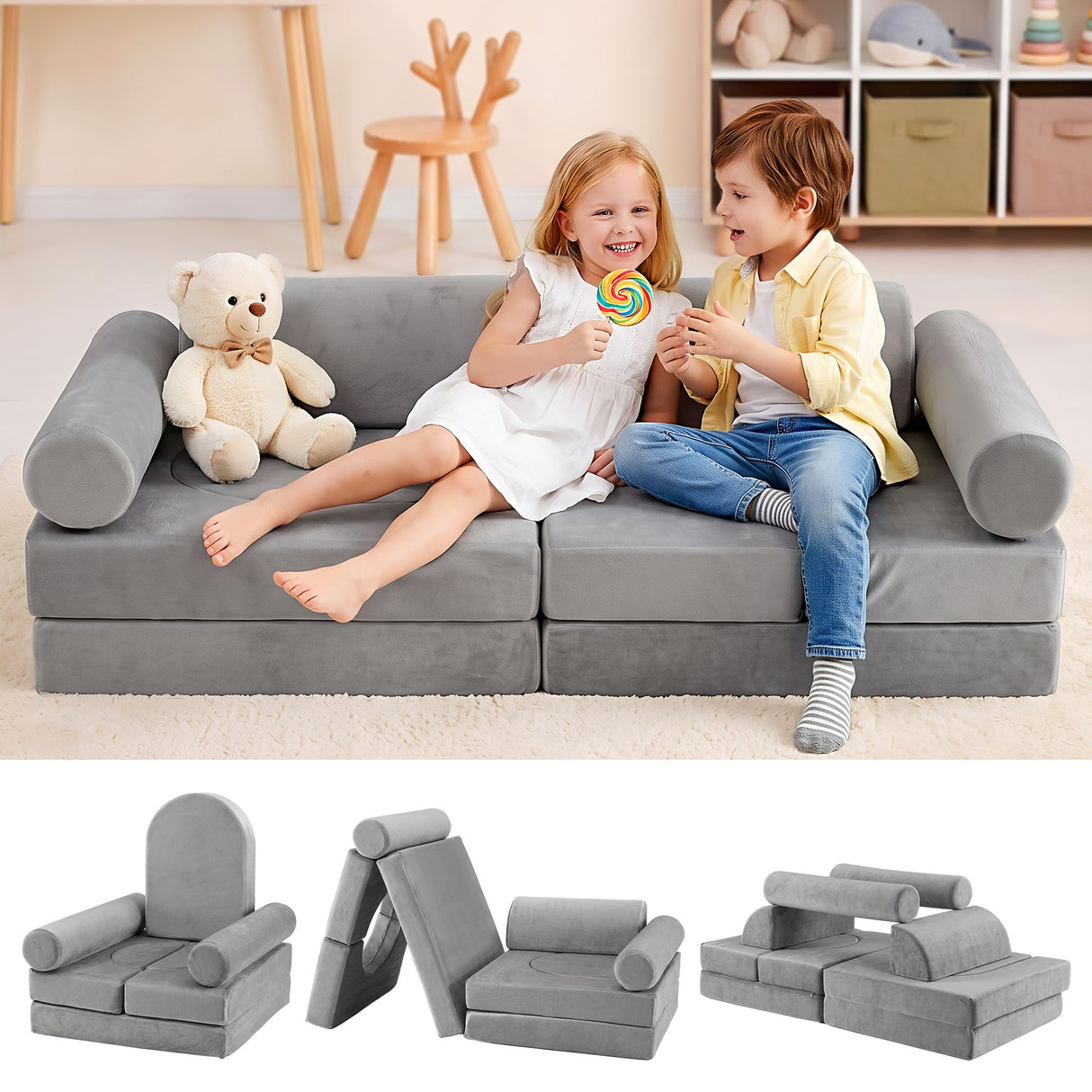 Keezi 12PCS Modular Kids Sofa Play Couch Foam Set with Removable Washable Cover Grey Playroom