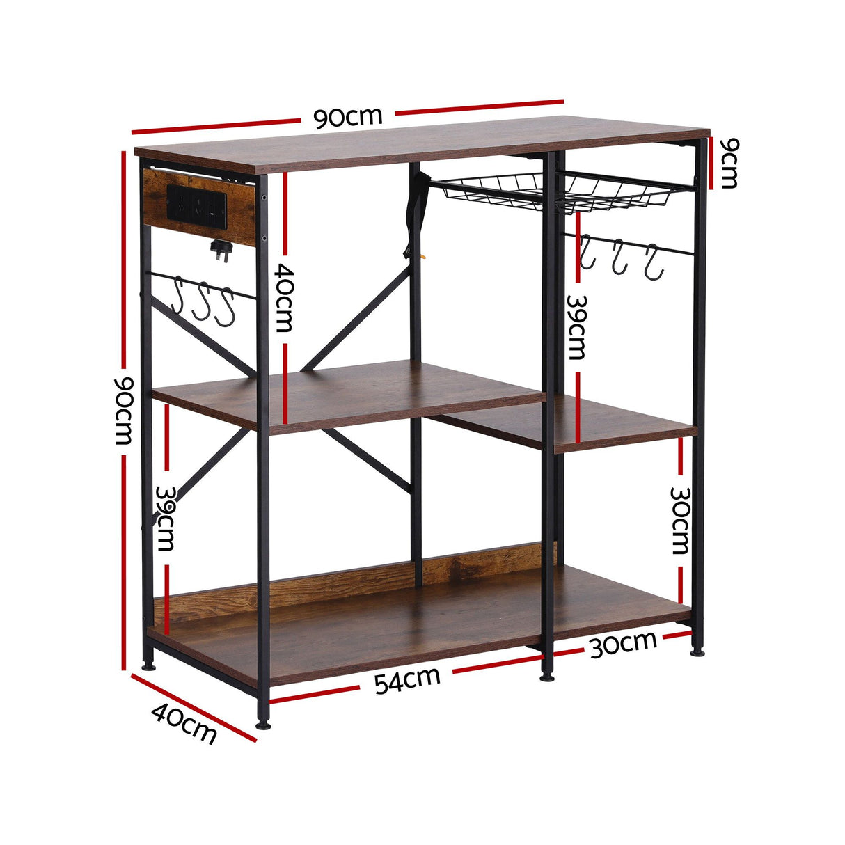 Artiss 3-Tier Kitchen Rack with 2 Power Outlets Microwave Storage Shelf 6 Hooks 90CM