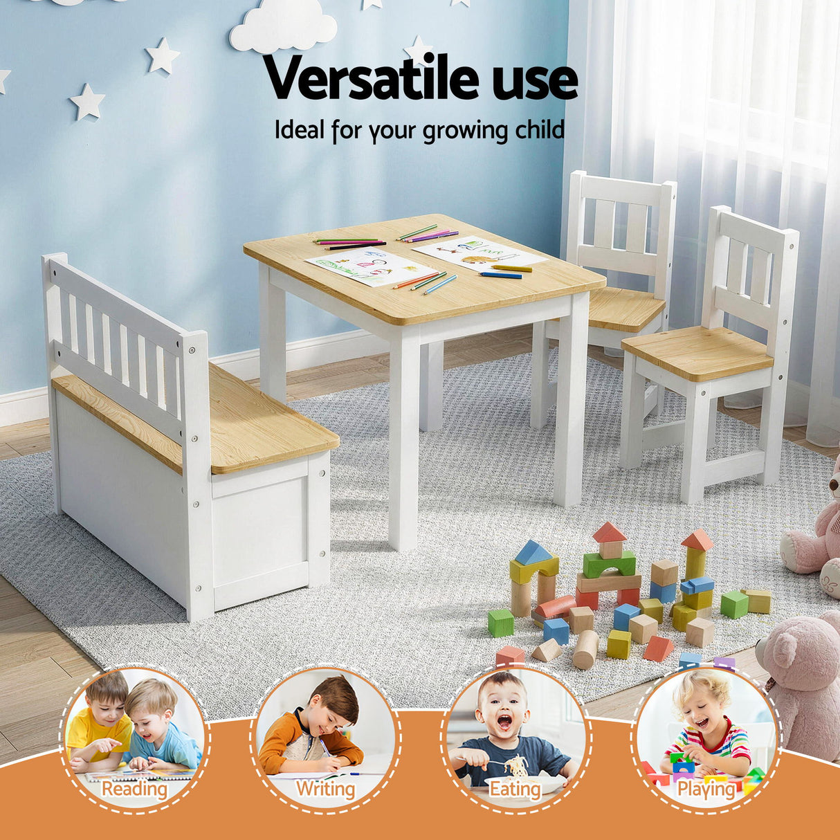 Keezi 2 in 1 Kids Table and Chair Set, Activity Table with Storage Bench and 2 Chairs for Reading, Drawing, Writing, Snack Time & Arts Crafts, 4 PCS Toddler Table and Chair Set, Natural