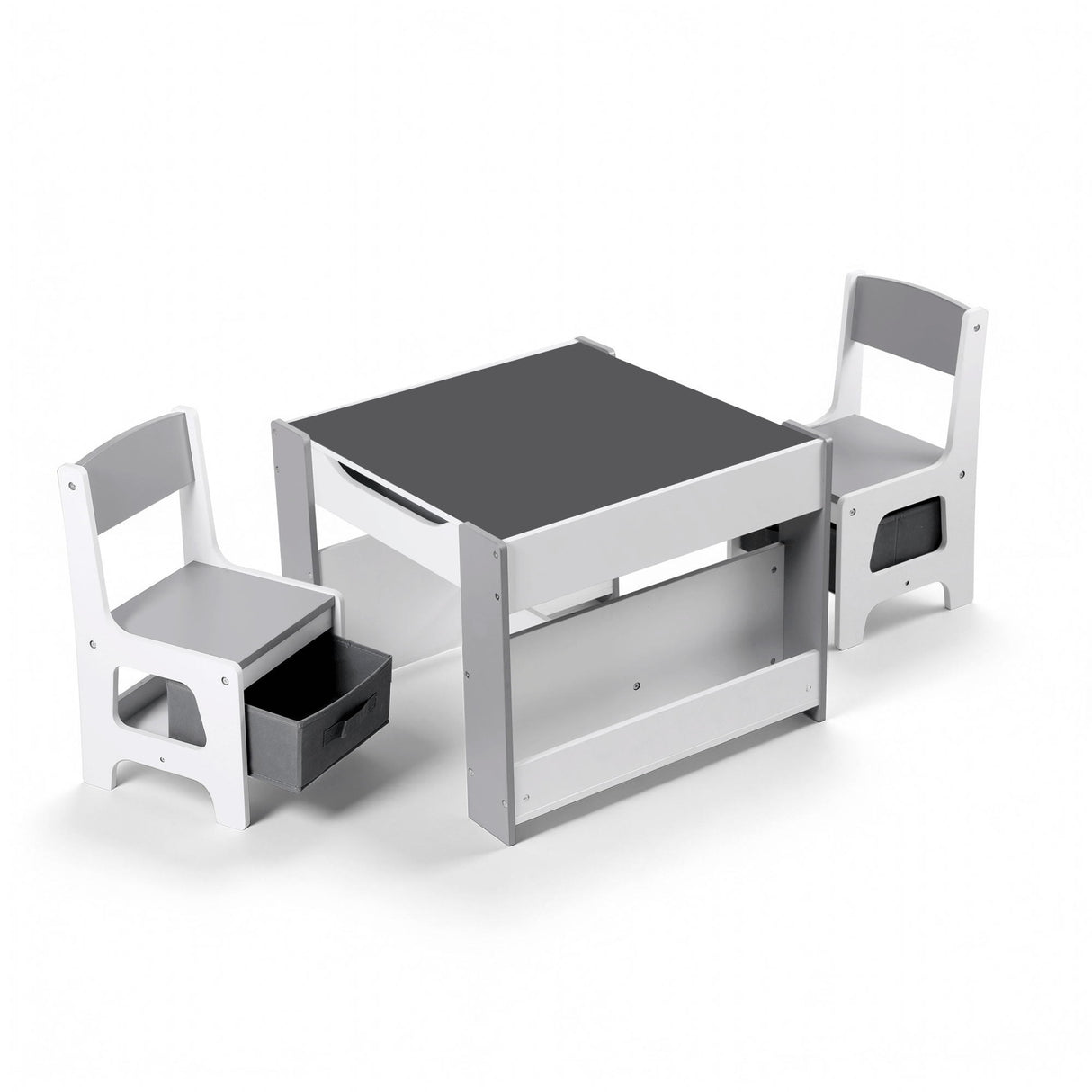 Keezi Kids Table and Chair Set, 4 in 1 Wooden Activity Table with Bookcase, Storage Box and Detachable Blackboard, Toddler Table and 2 Chairs Set, Grey