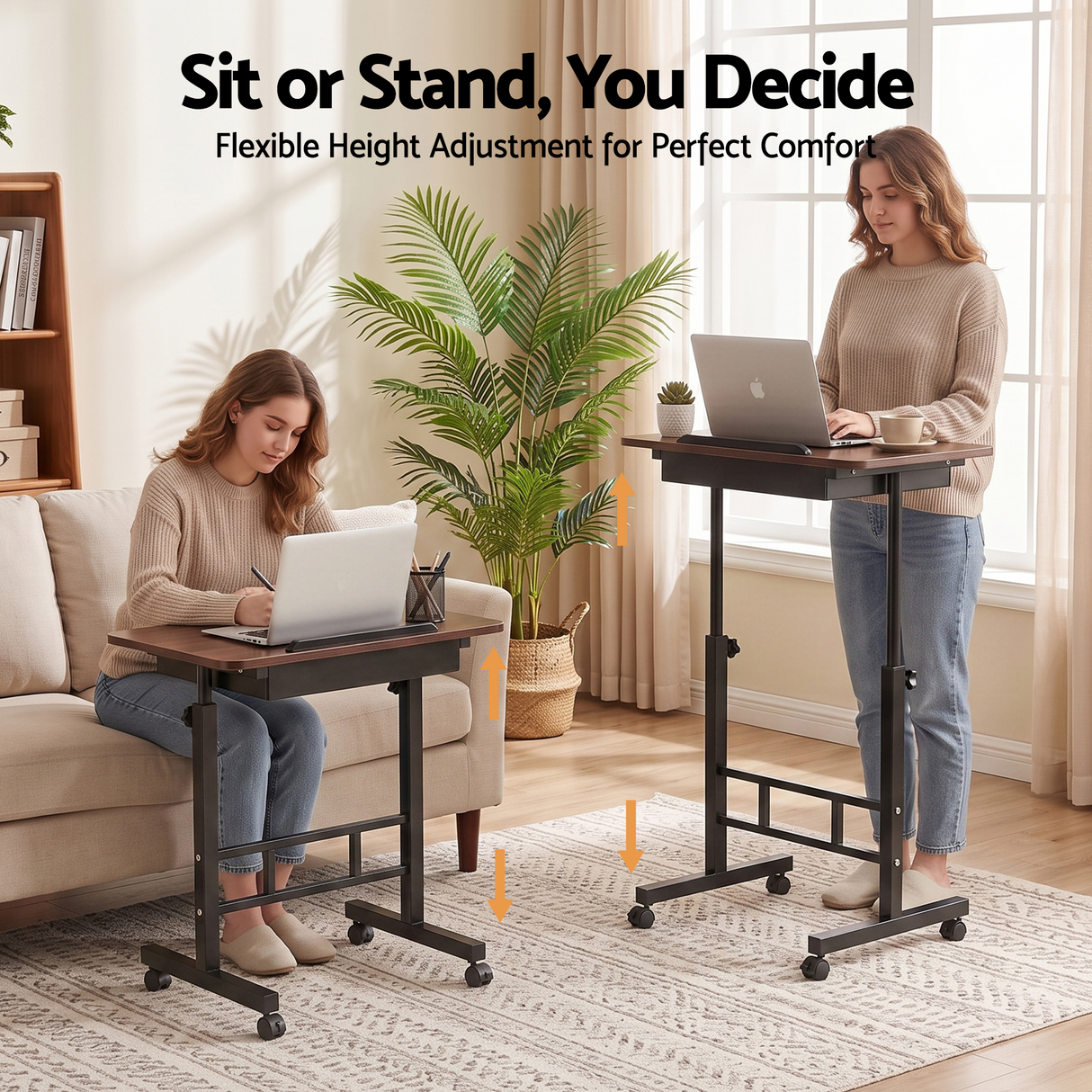 Artiss Adjustable Laptop Desk Mobile Bedside Table Hidden Storage Walnut