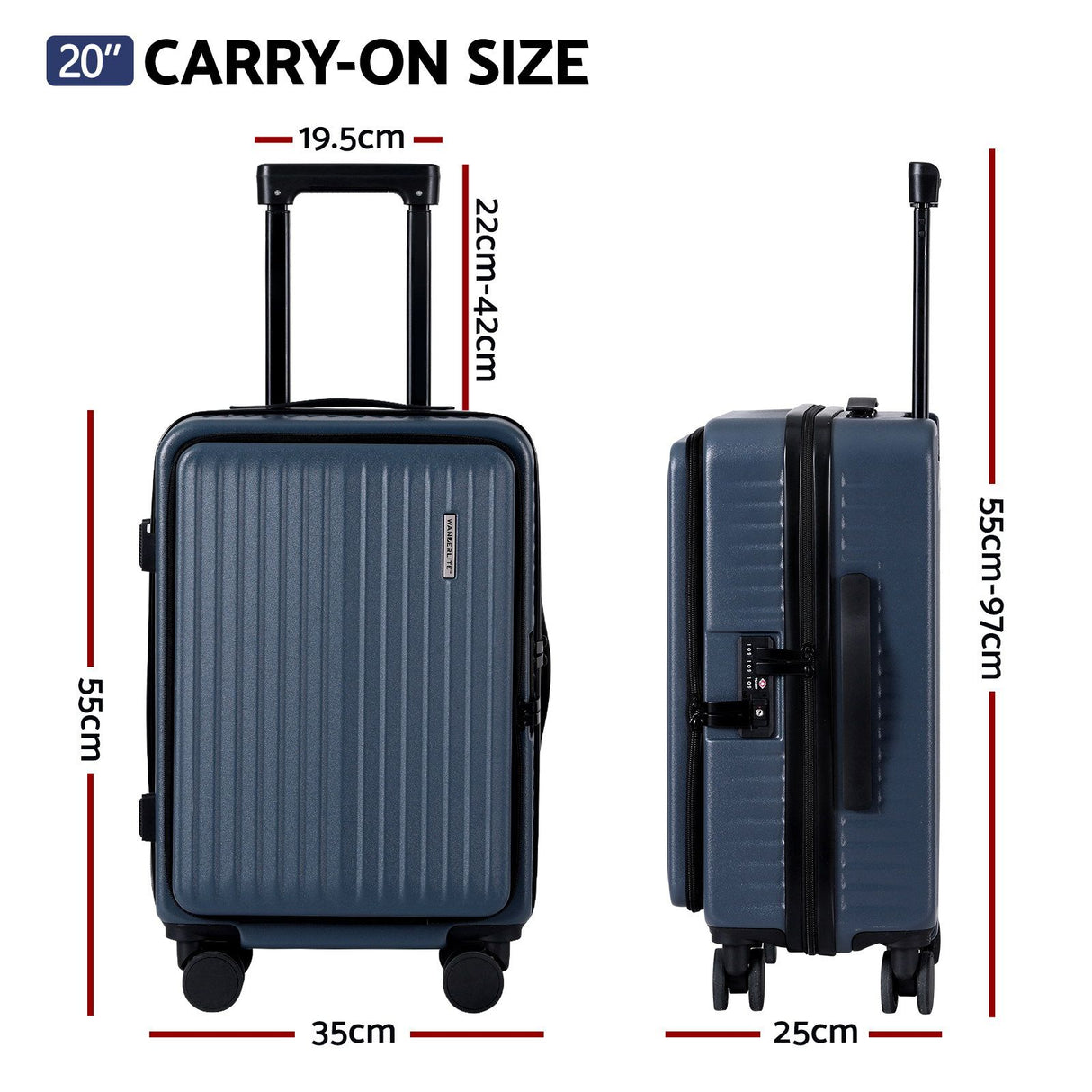Wanderlite 20" Luggage Suitcase Front Pocket Travel Carry On Dual TSA Navy