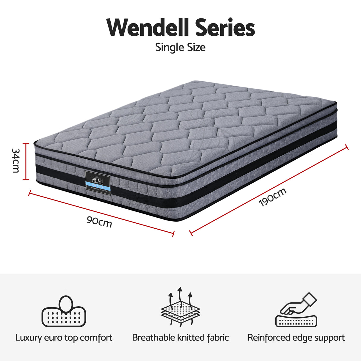 Giselle Bedding 34cm Single Mattress Hybrid, Pocket Spring Bed Mattress