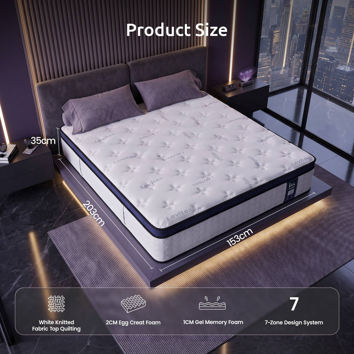 Levitex 35CM Queen Mattresses Gel Memory Foam and 7-Zone Ergonomic Pocket Spring, Anti-Roll Dual-Row Edge, Undisturbed Deep Sleep For Restless Couples, Triple Cooling System