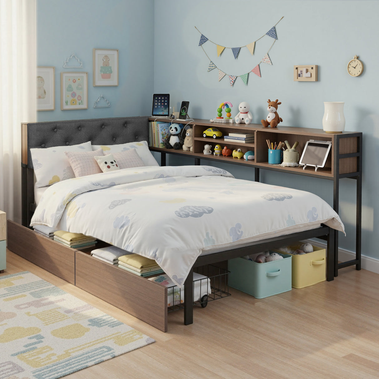 Artiss Bed Frame Single Size with 2 Drawers and Charging Station Metal Corner Bed Base