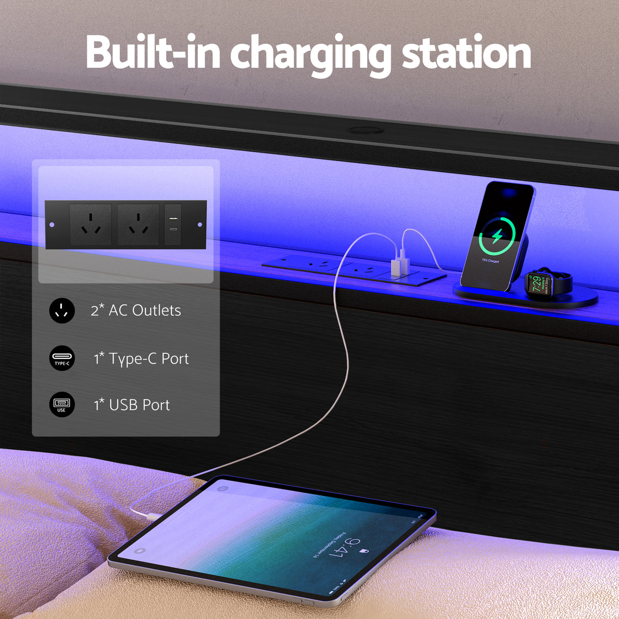 Artiss Metal Bed Frame Queen Size Storage Headboard Charge Station LED 4 Drawers