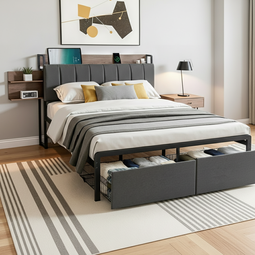 Artiss Metal Bed Frame Double Size with 2-Tier Hidden Storage with Charging Station