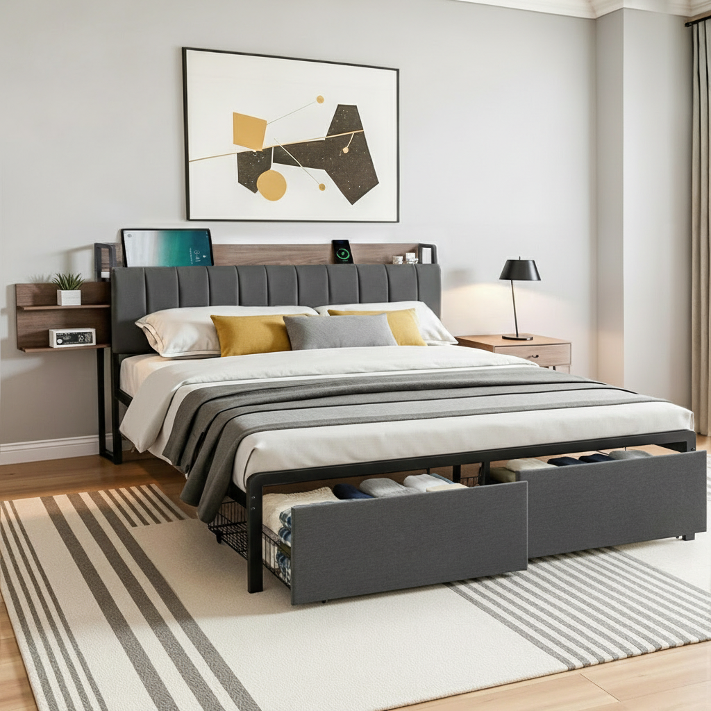 Artiss Metal Bed Frame King Size with 2-Tier Hidden Storage with Charging Station