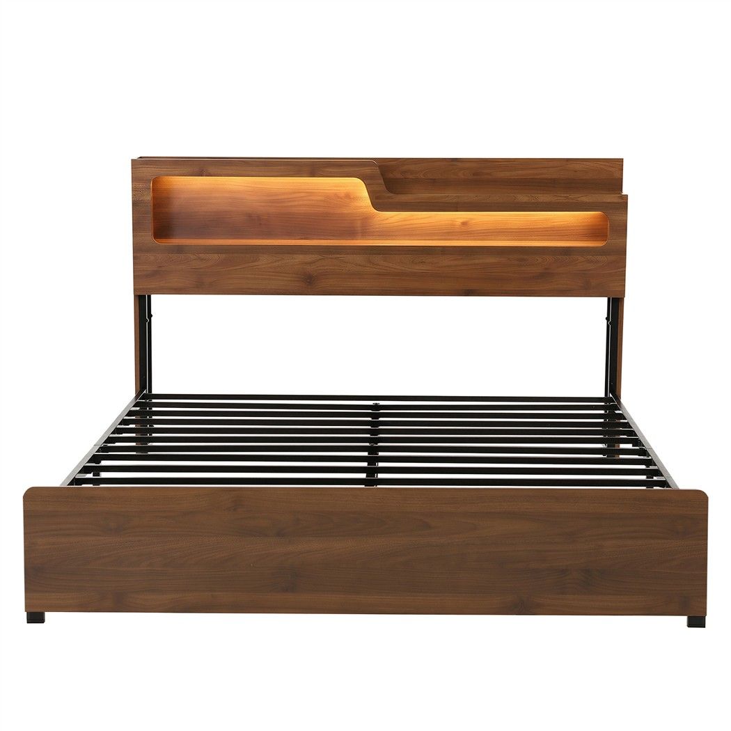 Artiss King Bed Frame Metal with Charging Station LED Light Storage Shelf
