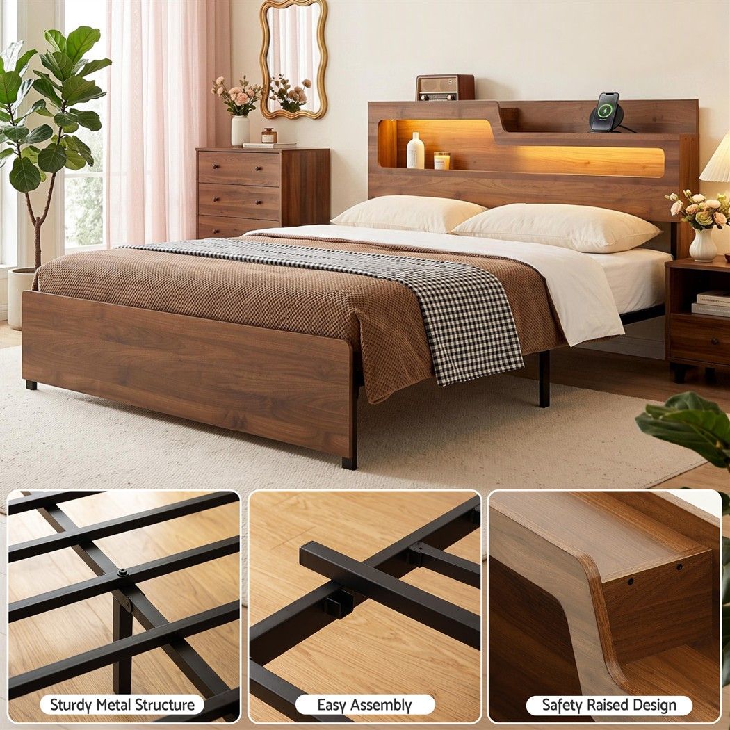 Artiss King Bed Frame Metal with Charging Station LED Light Storage Shelf