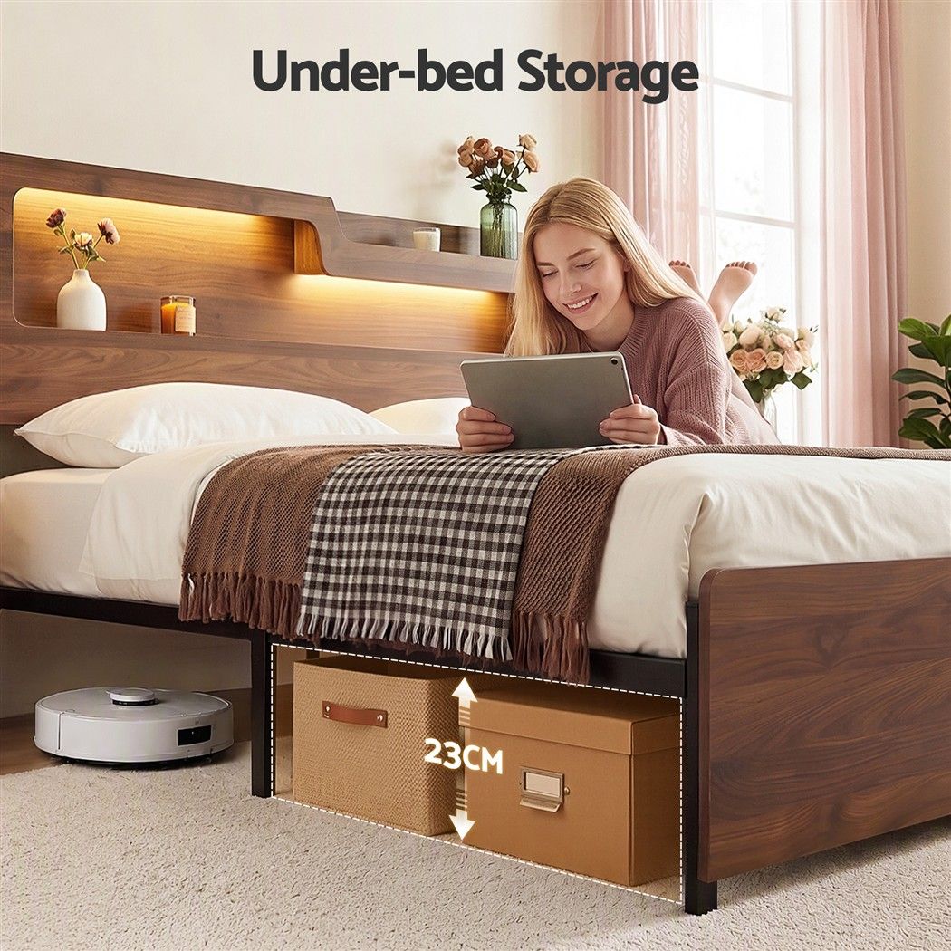 Artiss Queen Bed Frame Metal with Charging Station LED Light Storage Shelf