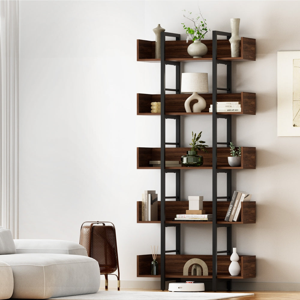 Artiss Bookshelf 5-Tier Bookcase Display Shelves Metal Storage Stand Rack Walnut
