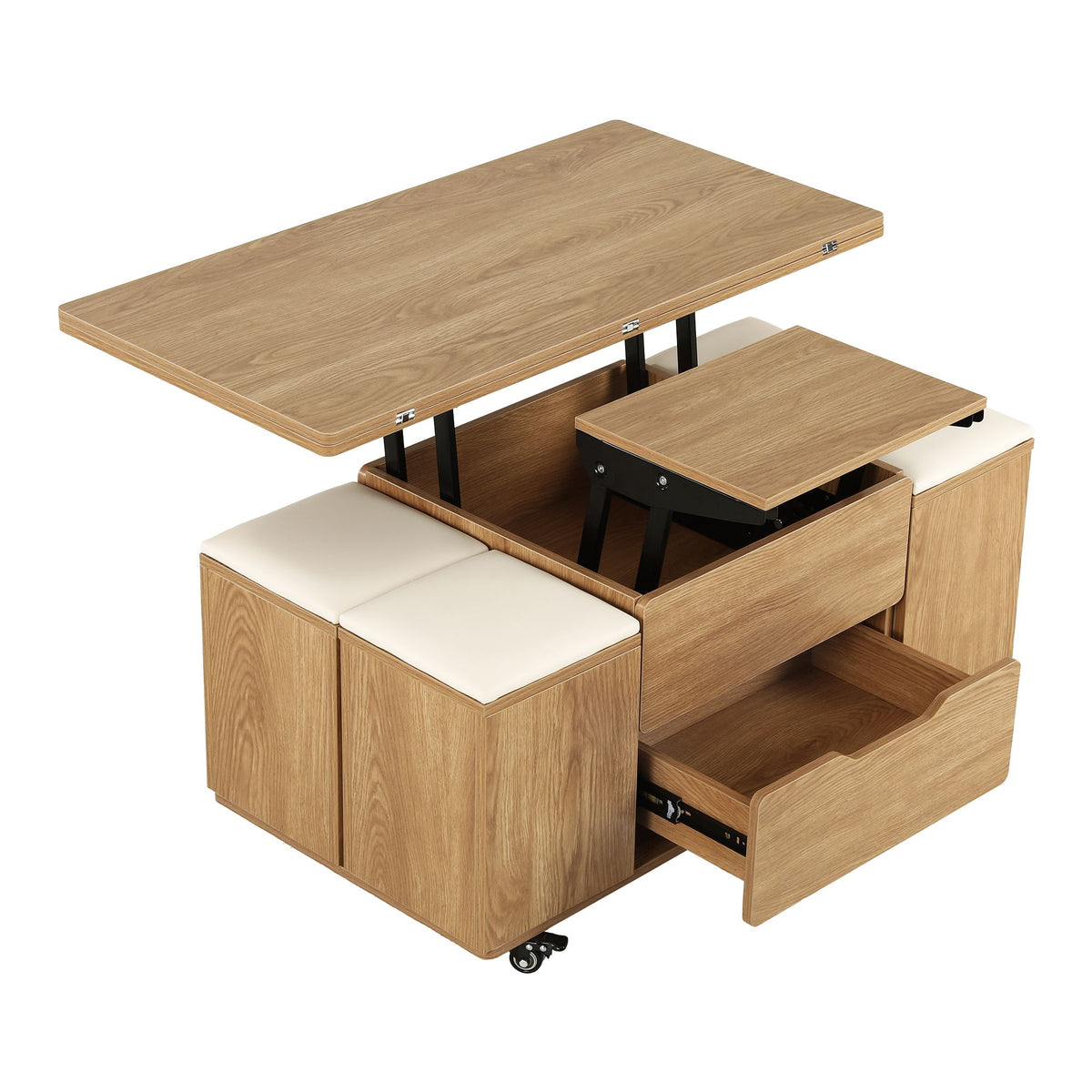 Fittro 3-in-1 Lift Top Coffee Table with 4 Chairs, Dining Table Work Desk Built-in Storage, Hydraulic Swivel, Lockable Castors, Space-Saving for Living Rooms & Flats, Apartments