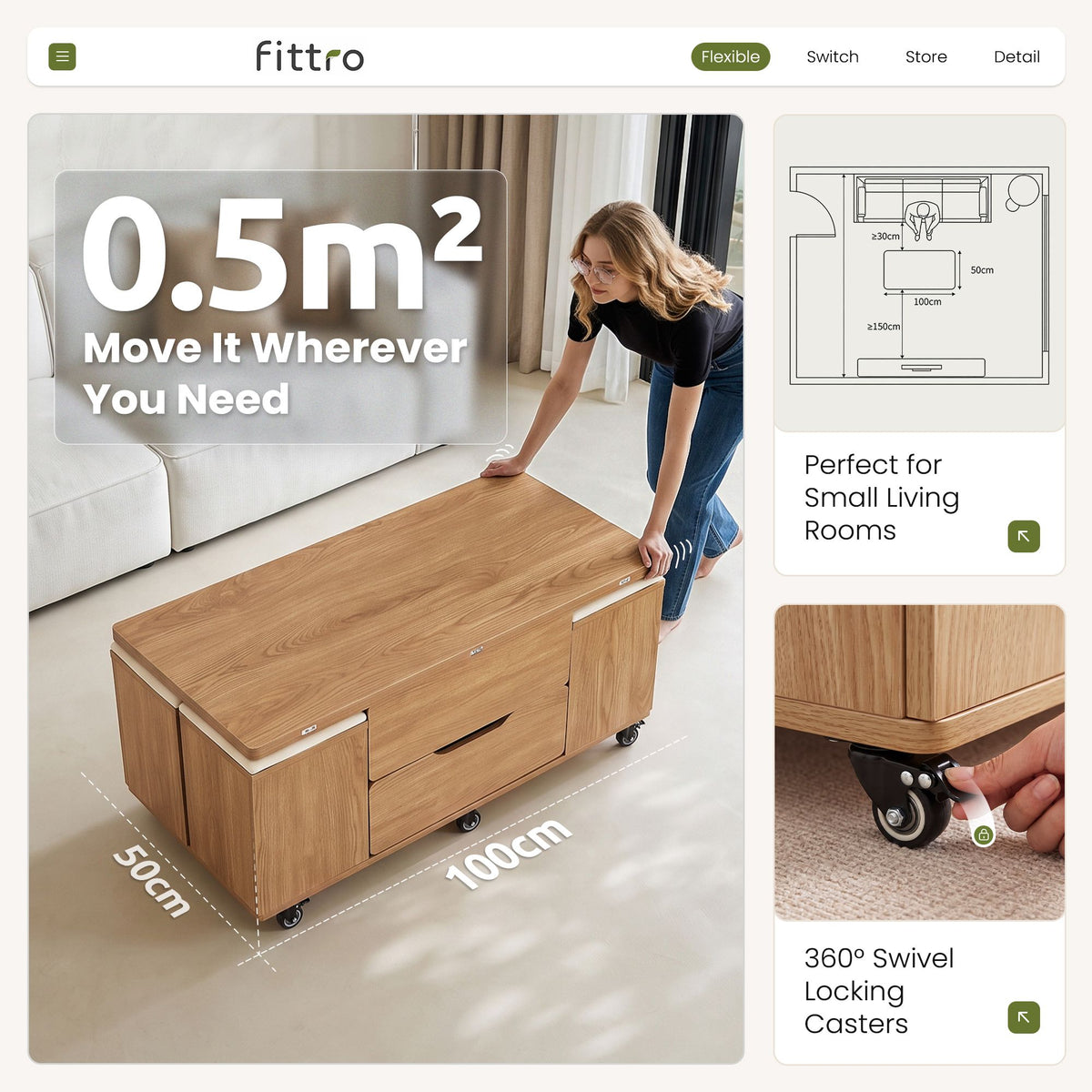 Fittro 3-in-1 Lift Top Coffee Table with 4 Chairs, Dining Table Work Desk Built-in Storage, Hydraulic Swivel, Lockable Castors, Space-Saving for Living Rooms & Flats, Apartments