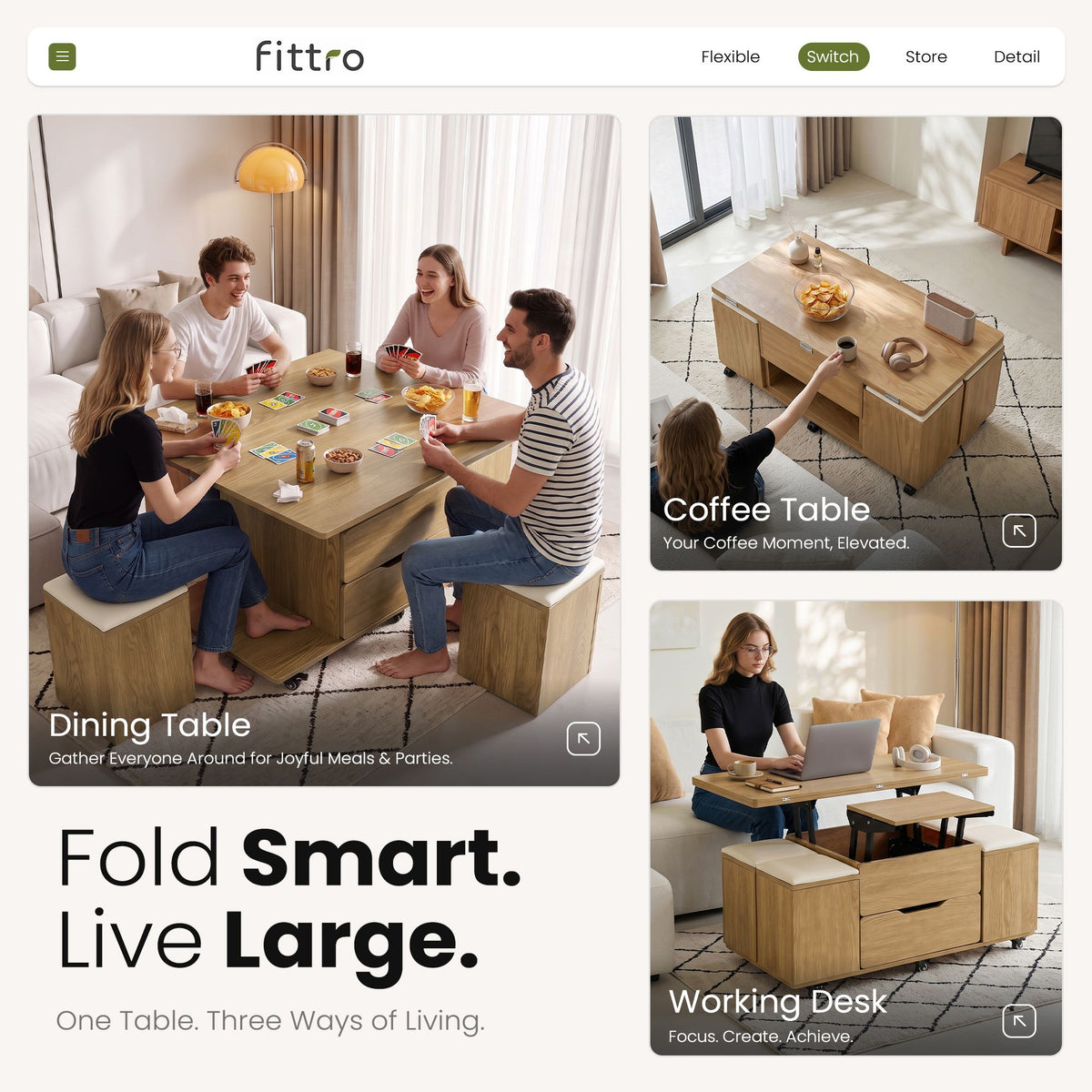 Fittro 3-in-1 Lift Top Coffee Table with 4 Chairs, Dining Table Work Desk Built-in Storage, Hydraulic Swivel, Lockable Castors, Space-Saving for Living Rooms & Flats, Apartments