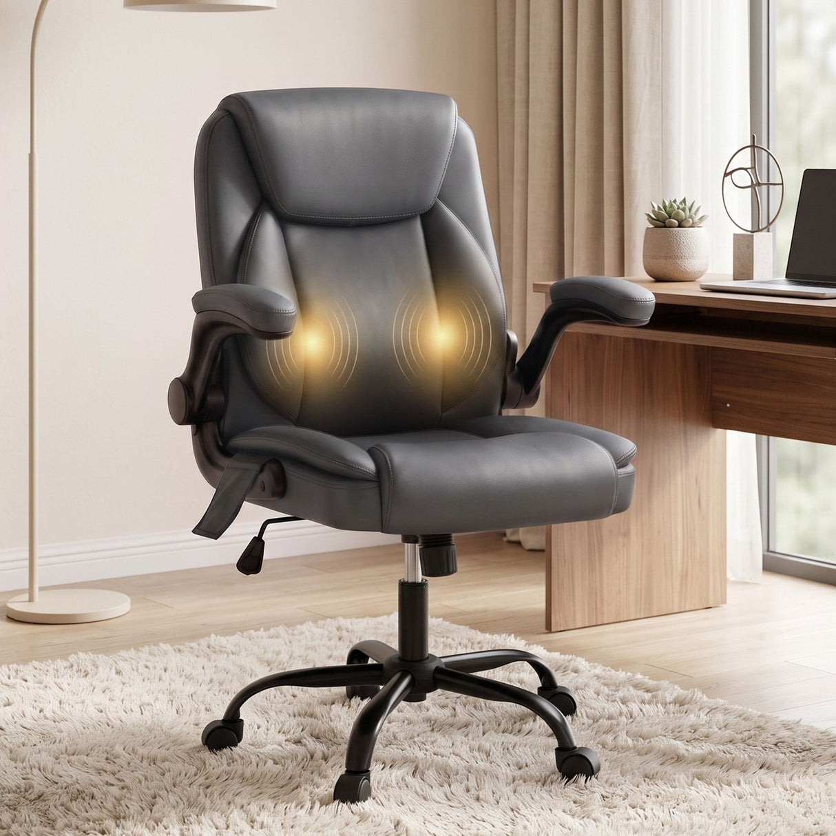 2 Point Massage Office Chair Leather Mid Back Grey