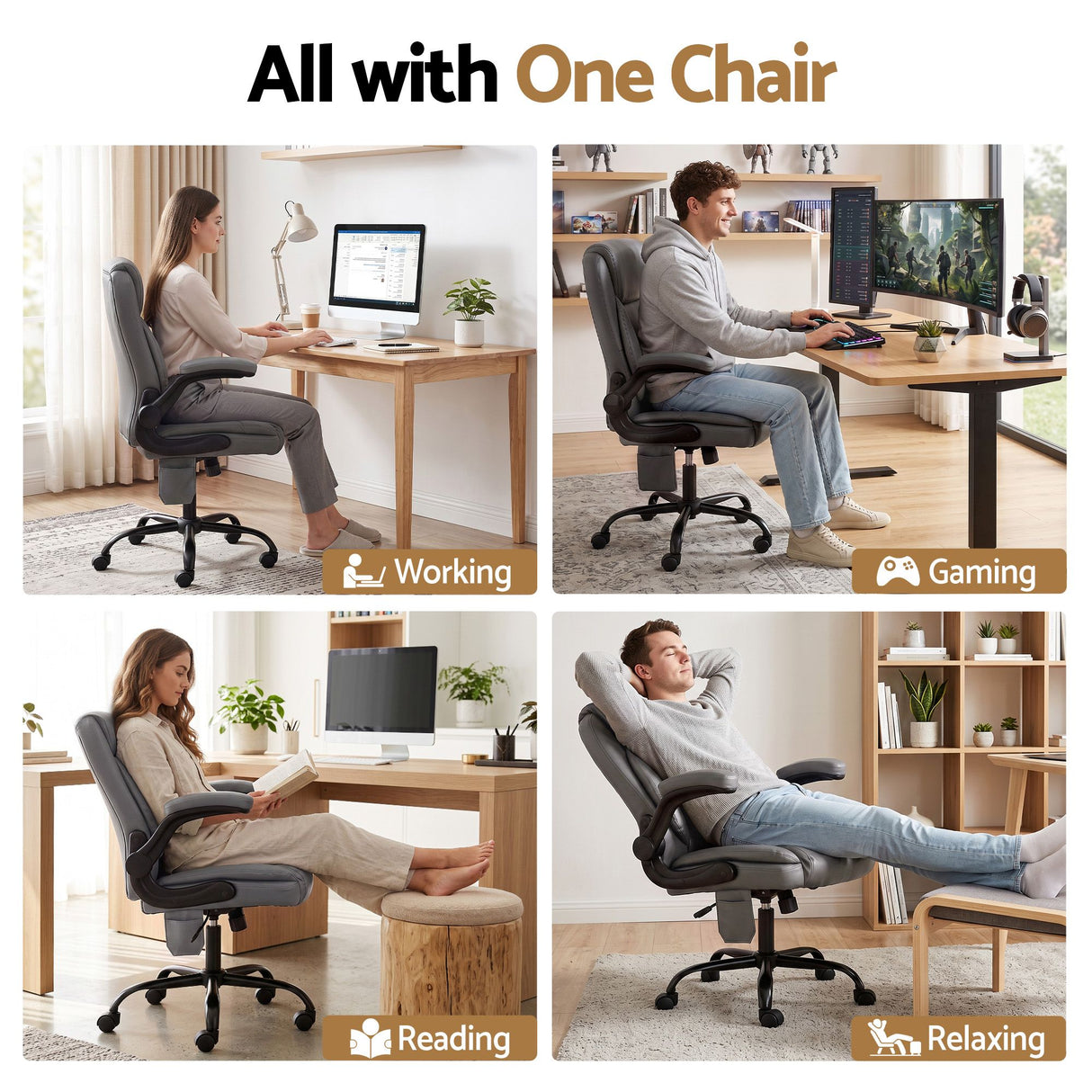 2 Point Massage Office Chair Leather Mid Back Grey