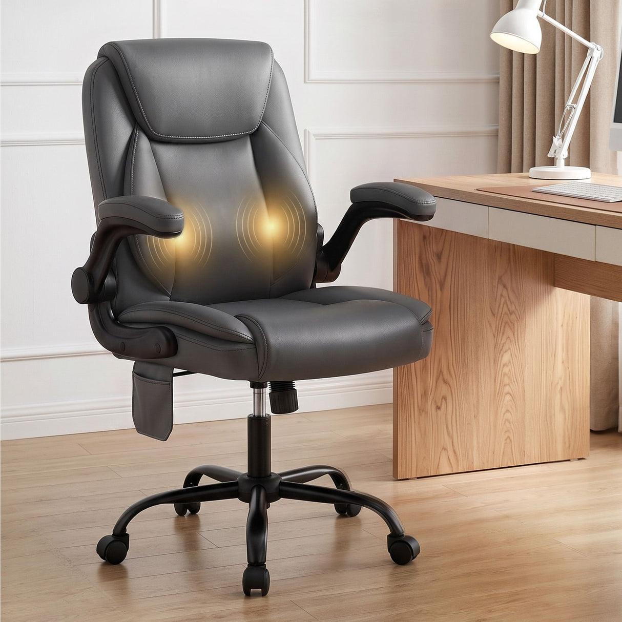 2 Point Massage Office Chair Leather Mid Back Grey