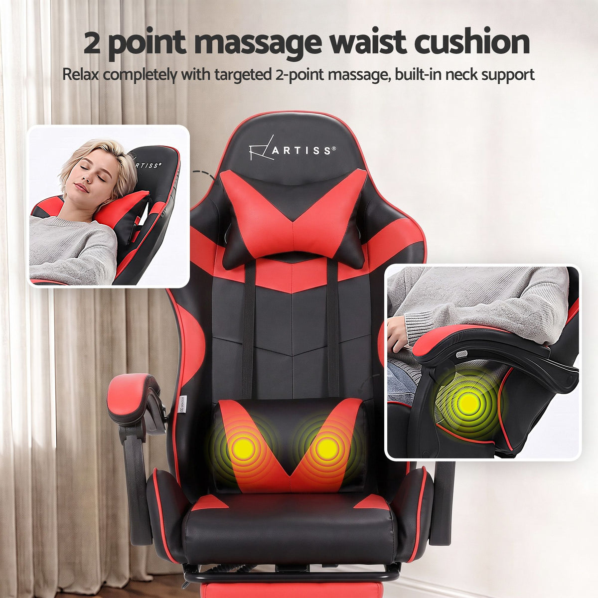 2 Point Massage Gaming Office Chair Footrest Red