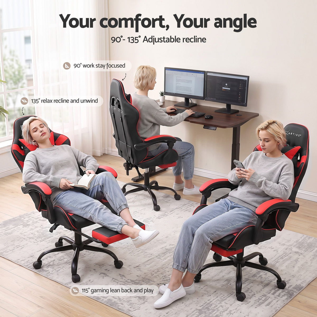 2 Point Massage Gaming Office Chair Footrest Red