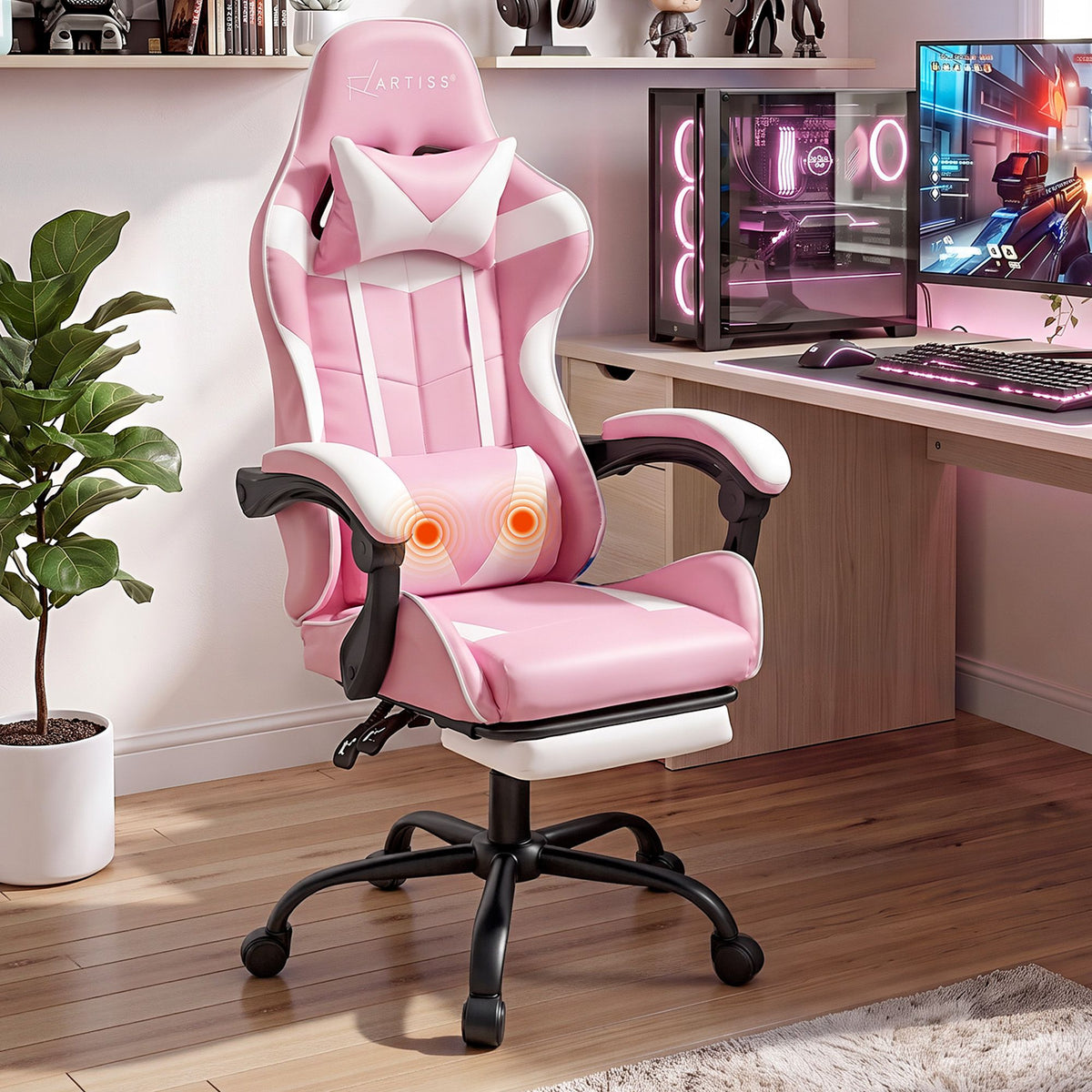 2 Point Massage Gaming Office Chair Footrest Pink