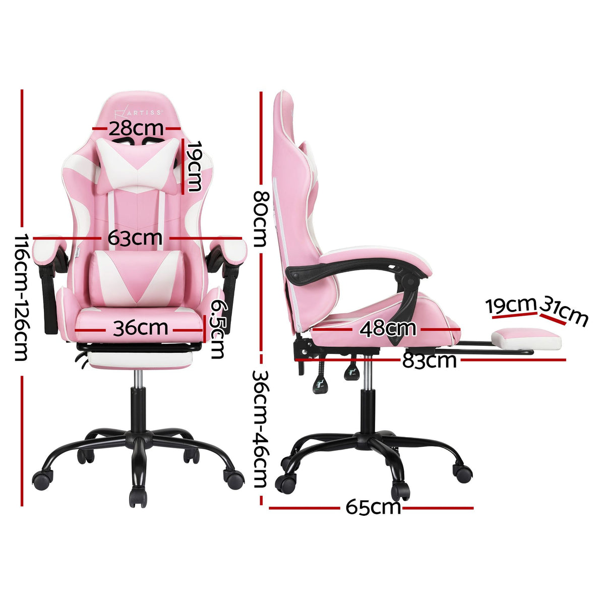 2 Point Massage Gaming Office Chair Footrest Pink