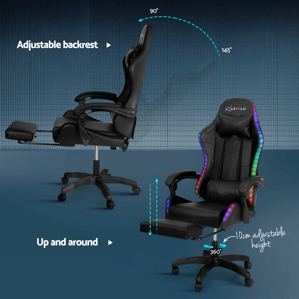 Aria 6 Point Massage Gaming Office Chair 7 LED Footrest Black