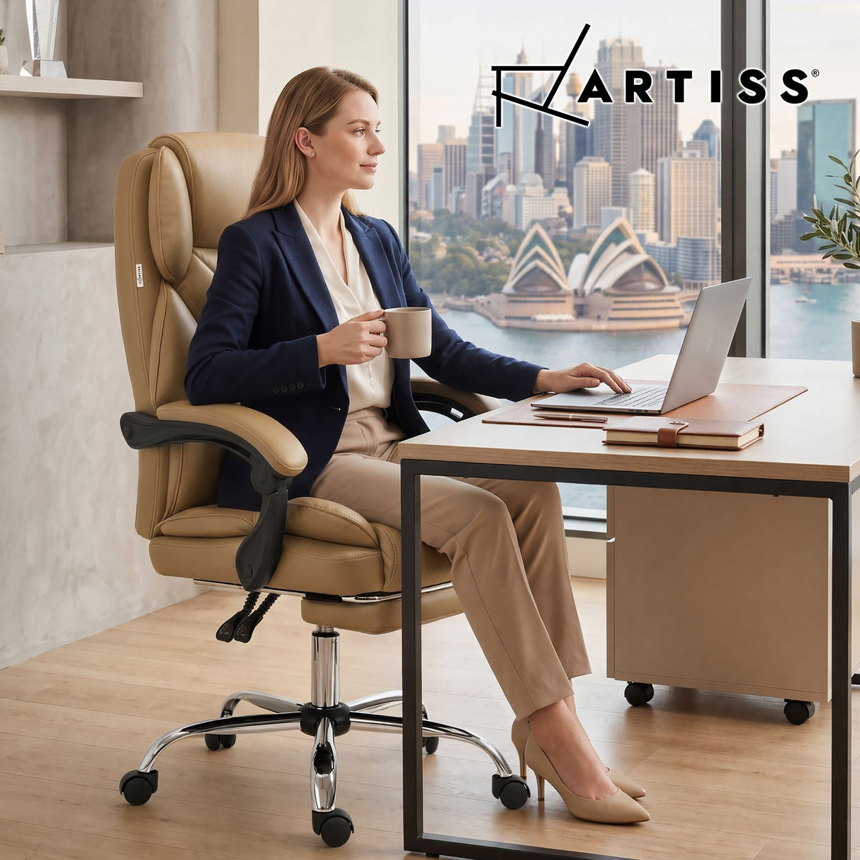 Office Chair PU Leather Tan Adjustable Height